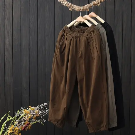 文艺复古纯色褶皱休闲裤女春季新款松紧腰宽松大码长裤春秋灯笼裤图片