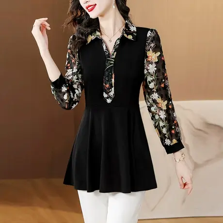 中长款打底衫女2024秋季新款时尚雪纺接拼印花收腰裙摆遮肚长袖衫图片