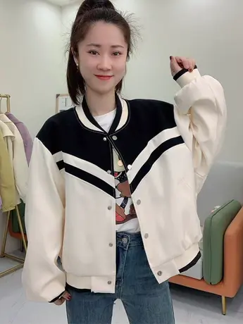 圆领拼接设计棒球服外套女短款夹克2023春秋季新宽松显瘦上衣外套商品大图