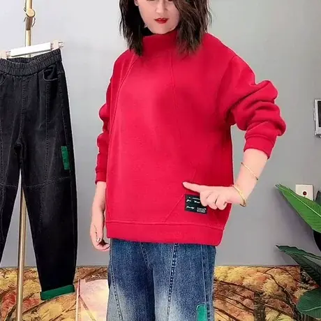 2023年新款加绒卫衣女秋冬厚款圆领秋季慵懒风加绒上衣纯色ins潮图片