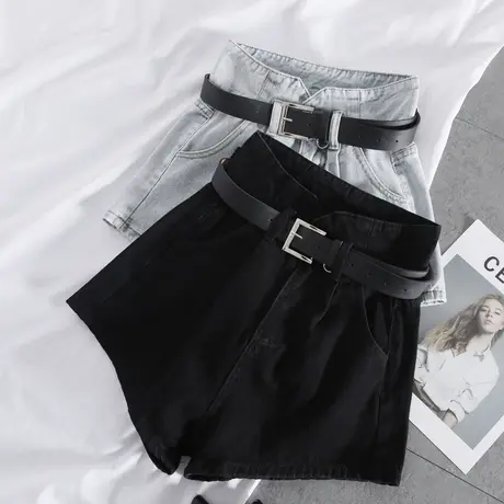 港版腰带牛仔阔腿短裤2023春夏新款高腰显瘦气质百搭宽松a字短裤商品大图