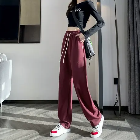 酒红色弯刀阔腿裤女秋冬新款高腰宽松显瘦直筒运动卫裤香蕉休闲裤商品大图