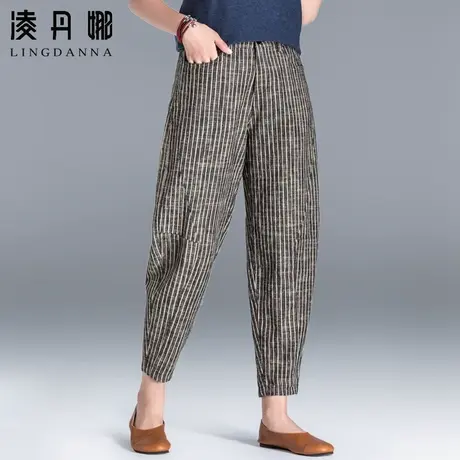 棉麻裤子女灯笼裤休闲亚麻女裤九分裤条纹哈伦裤奶奶萝卜裤夏薄款商品大图