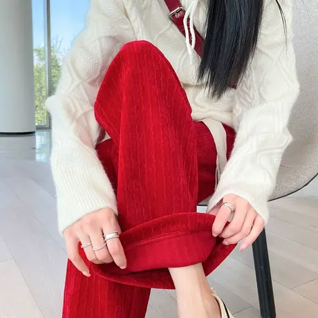红色灯芯绒阔腿裤女高腰秋冬新款垂感直筒宽松休闲条绒雪尼尔裤子商品大图