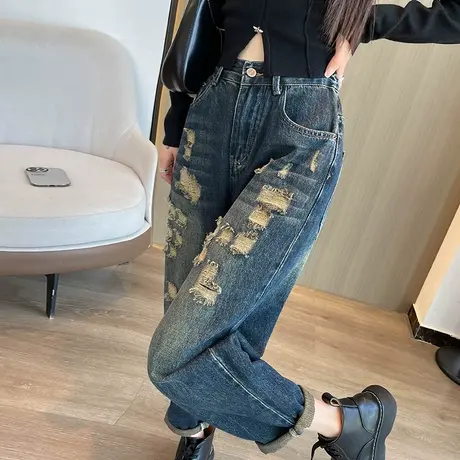 大码复古高腰破洞牛仔裤2024年新款女秋季裤子宽松直筒哈伦老爹裤商品大图
