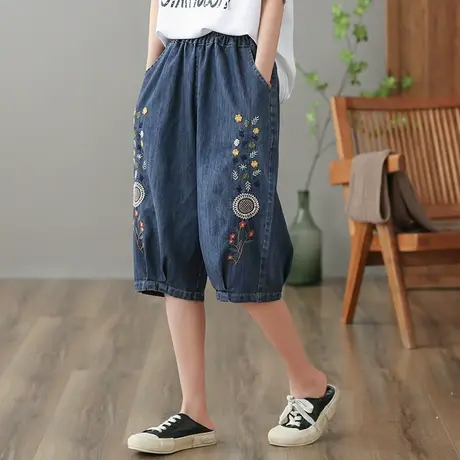 dza 高腰显瘦刺绣牛仔裤女2023夏季宽松五分中裤休闲百搭阔腿裤子图片