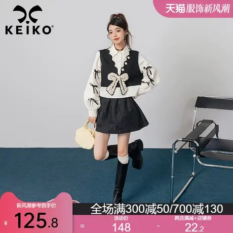 KEIKO 少女风假两件式衬衫2025春季非正式学院甜酷蝴蝶结扎花上衣图片