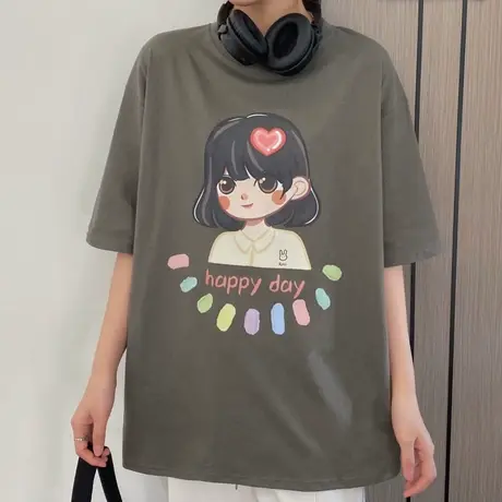 网红港风ins短袖t恤女2021早春新款宽松韩版纯棉百搭半袖上衣服潮商品大图