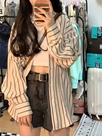 条纹衬衫女夏季薄款设计感小众法式韩系chic别致长袖防晒上衣外套商品大图
