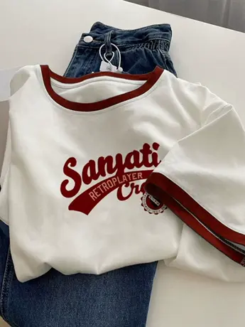 白色仿棉短袖t恤女2023夏季新款港风chic潮牌小众设计感正肩上衣图片