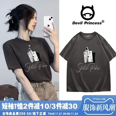 港风日系纯棉短袖t恤女宽松ins原宿风正肩韩版夏季深灰色半袖上衣商品大图