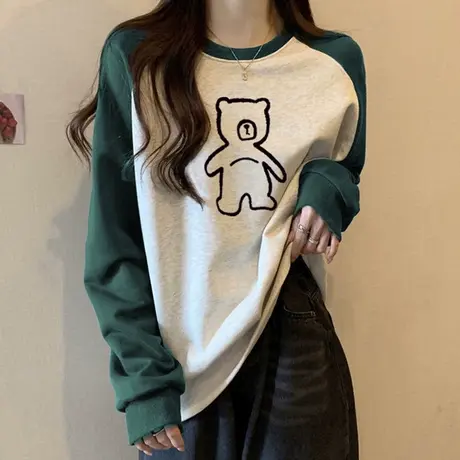 韩版宽松插肩袖T恤女春秋冬季百搭休闲加绒加厚拼色长袖上衣服潮商品大图