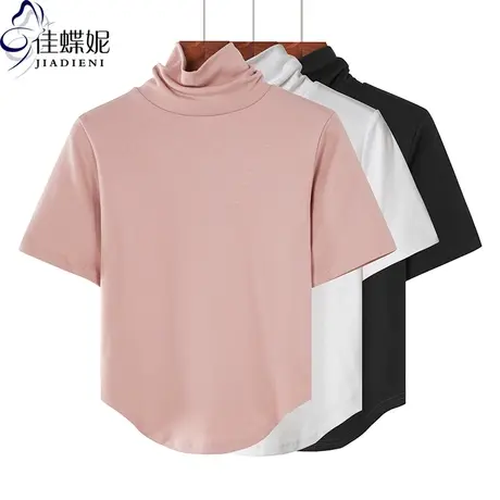 夏季新款韩版纯棉高领小宽松纯色燕尾摆短袖体恤上衣内搭打底衫女商品大图