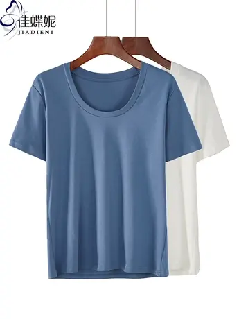 夏季圆领宽松大码新款中长款休闲纯色简约纯棉短袖上衣女T恤T恤图片