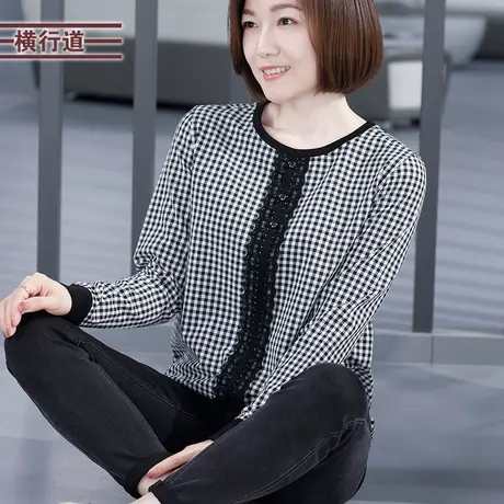 2024春装圆领蕾丝中年妈妈长袖t恤女大码休闲宽松格子上衣打底衫商品大图