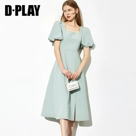 DPLAY德帕拉夏季新款灰豆绿复古方领连衣裙修身显瘦开叉长裙图片