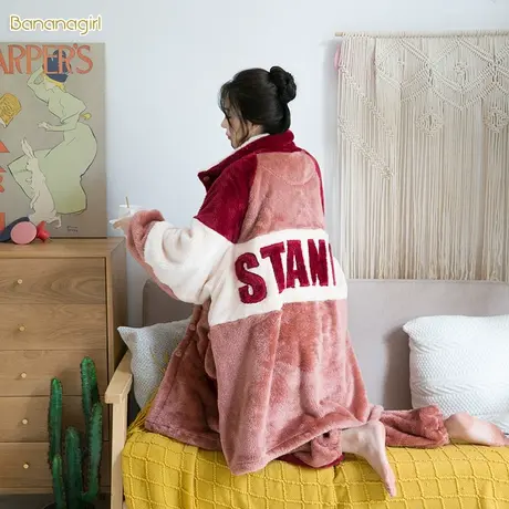 Bananagirl睡衣女冬天珊瑚绒保暖加厚情侣睡衣法兰绒长款男家居服商品大图