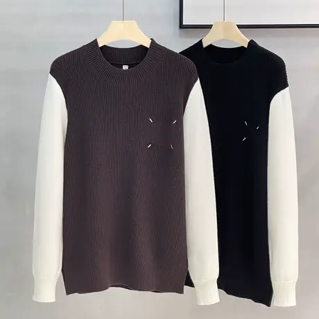 撞色刺绣加厚假两件学院风中领毛衣男圆领23秋冬季韩版圆领针织衫商品大图