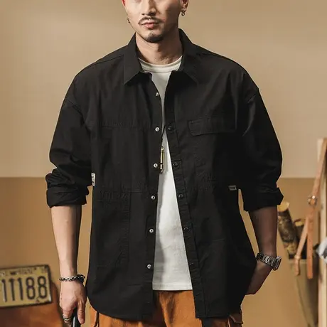 舒适百搭复古工装衬衫宽松日系外套长袖潮流百搭大码纯色男士外套图片