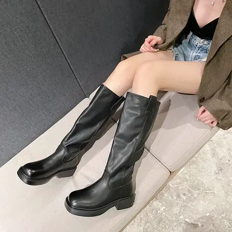 小个子长筒靴女2024新款秋冬季厚底高筒靴粗跟骑士靴不过膝长靴女商品大图