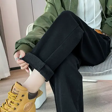 特厚加绒牛仔裤女秋冬新款2024保暖高腰显瘦宽松哈伦老爹萝卜裤子商品大图