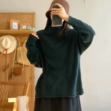 dza 复古纯色半高圆领羊毛针织衫女秋冬内搭毛衣休闲上衣打底衫女商品大图