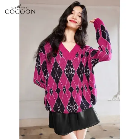 missCOCOON法式撞色毛衣女2022新款秋季长袖V领宽松马海毛针织衫图片