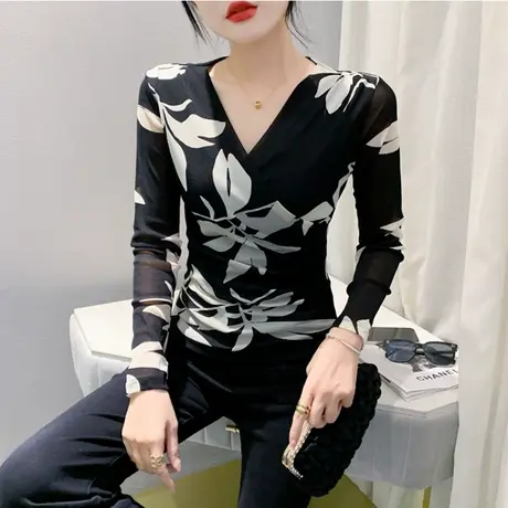时尚性感V领网纱印花T恤女长袖春秋欧货修身上衣洋气内搭打底衫潮图片