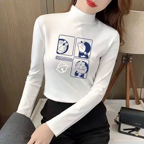 白色德绒打底衫女秋冬2024新款修身内搭长袖体恤正肩T恤短款上衣商品大图