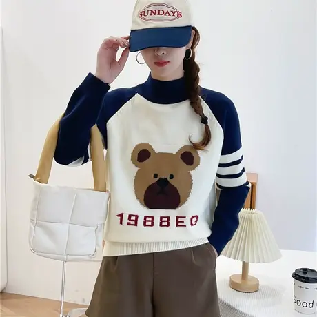 品绣玫瑰拼色半高领加厚毛衣女新款2023年爆款洋气冬季内搭打底衫商品大图