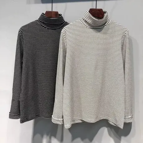 条纹高领长袖T恤女秋冬季大码宽松显瘦德绒外穿打底衫上衣ins潮牌商品大图