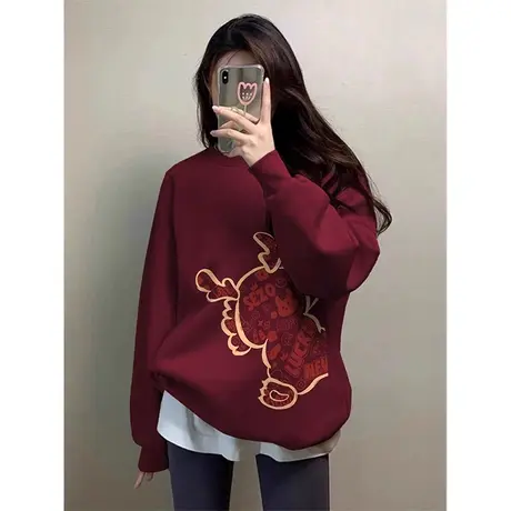 2024新年新款酒红色卫衣女韩系山东即墨加绒加厚宽松落肩无帽上衣商品大图