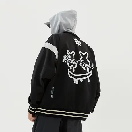 ER笑脸开衫连帽外套男潮牌春秋季宽松休闲情侣夹克撞色薄款棒球服图片