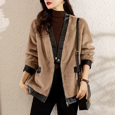 冬季新款毛毛外套女宽松加大码女装胖mm休闲v领皮毛一体加厚上衣商品大图