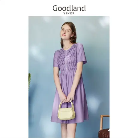 【醋酸系列】Goodland美地女装2023夏优雅收褶收腰连衣裙商品大图