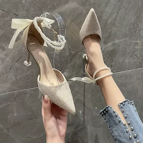 时尚一字带高跟鞋女2024年春夏季新款尖头细跟蝴蝶结包头中空凉鞋图片