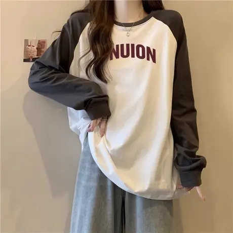 设计感撞色长袖T恤女早春秋冬宽松大码插肩上衣中长款内搭打底衫商品大图