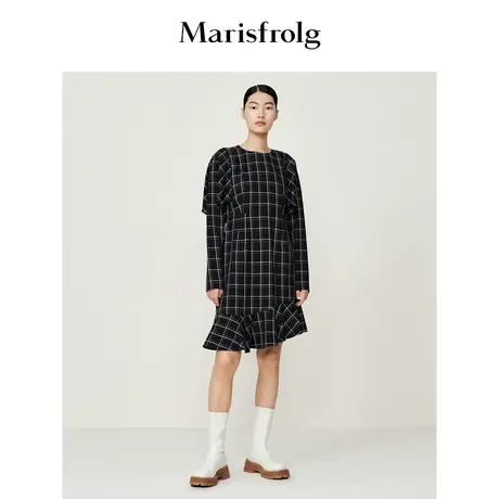 【新能量黑裙】玛丝菲尔茶歇裙春季新款格子蝙蝠袖荷叶裙边连衣裙图片