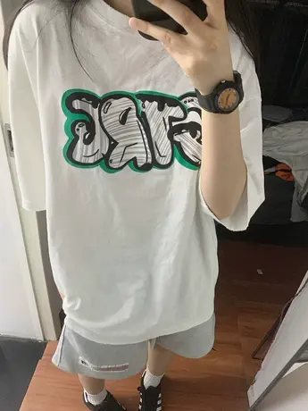 正肩纯棉短袖t恤女夏季大码宽松潮牌ins慵懒风半袖chic港味上衣服图片