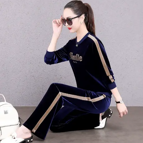 金丝绒直筒裤套装女春秋2024年新款时尚圆领休闲运动服垂感两件套商品大图