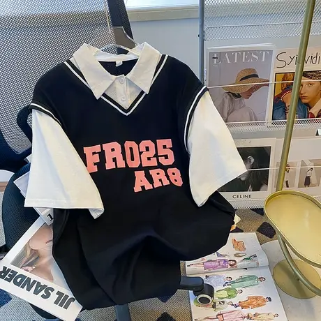 纯棉polo衫假两件短袖t恤女夏季宽松ins潮设计感港味复古chic上衣商品大图