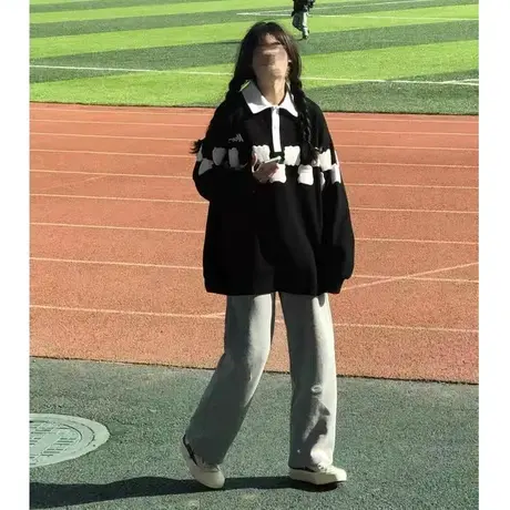 美式复古polo领卫衣女春秋季薄款宽松设计感小众早秋长袖古着上衣商品大图