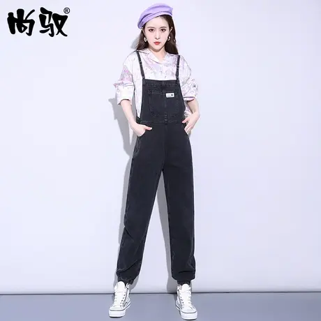 2024年新款秋季背带裤女宽松减龄小个子网红黑色阔腿孕妇大码套装图片