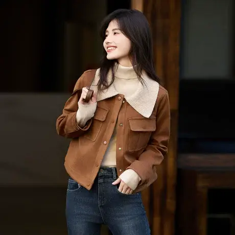时尚夹克外套2023年秋冬新款女装翻领拼接短款高级百搭通勤上衣商品大图
