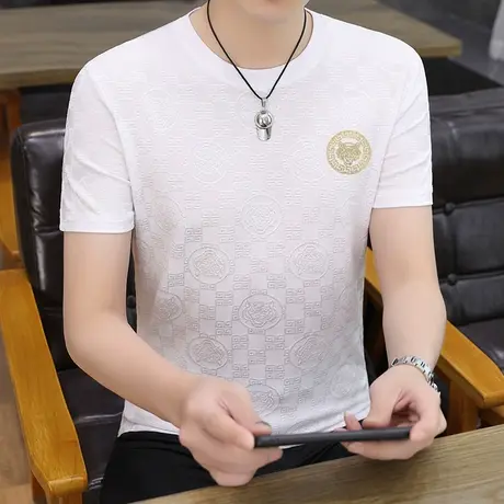 夏季休闲冰丝短袖T恤男烫钻欧货提花虎头中袖体恤上衣薄款青年潮商品大图