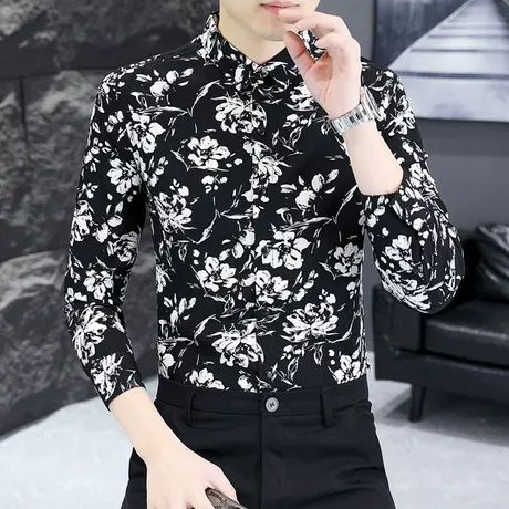 衬衫男士长袖秋季潮流韩版垂坠感上衣发型师夜店帅气男装印花衬衣商品大图