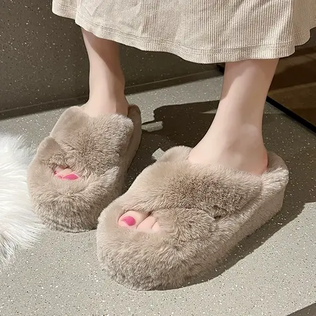 新款增高毛绒高级感网红交叉带保暖棉拖厚底毛毛拖鞋女款外穿冬季商品大图