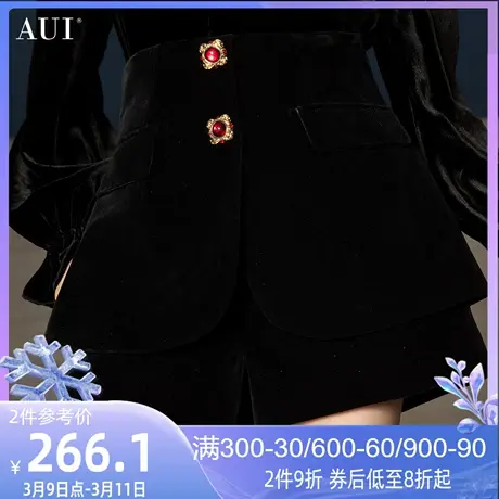 AUI黑色气质高级感丝绒阔腿短裤女2023秋冬新款高腰显瘦休闲裤子商品大图