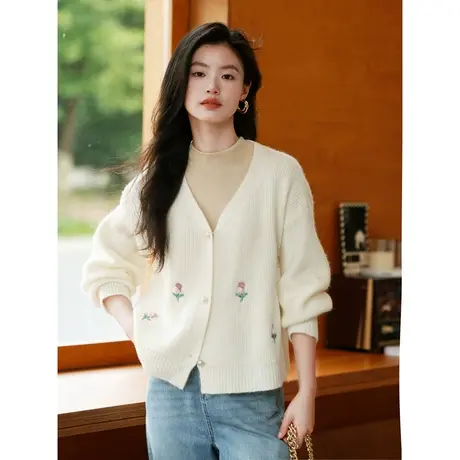 时尚气质V领毛衣开衫2023年秋新款淑女温柔宽松显瘦通勤长袖上衣商品大图