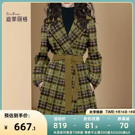 复古格纹毛呢外套女中长款2023年秋冬新款设计感绑带收腰呢子大衣商品大图